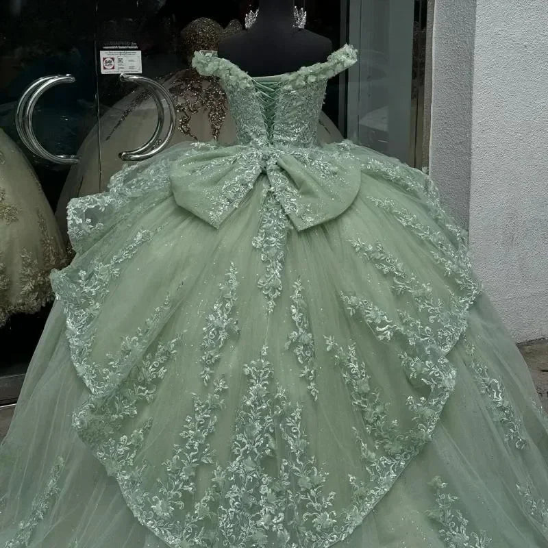 Robe de bal d'anniversaire verte menthe de luxe à épaules dénudées, en tulle, ornée d'appliques et de perles, à volants et nœud, modèle Y8125