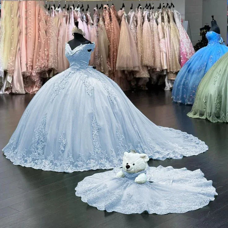 Schulterfreies Rosa Süßes 16 Quinceañera Kleid Spitzen Geburtstagsballkleid Y7245