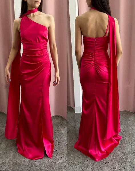 Elegante abito lungo da sera in raso rosa acceso con spalla scoperta modello Y8419
