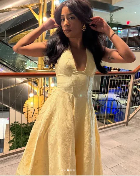 Sexy Halter Deep V Evening Dress Yellow Satin Print Prom Dress Y8249