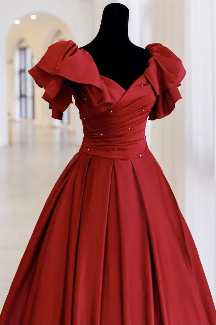 Robe de bal rouge avec manches cloche et dos lacé Y6067