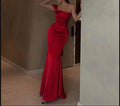 Elegante abito da sera rosso in raso a una spalla, seducente vestito da sera rosso Y4063