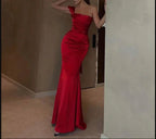 Elegante abito da sera rosso in raso a una spalla, seducente vestito da sera rosso Y4063