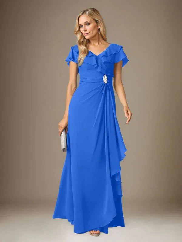 Vestido tormentoso de gasa con escote en V y fruncido en línea A