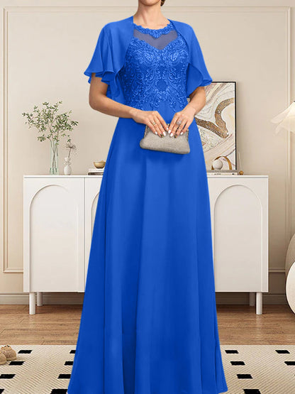 A-Linie, U-Ausschnitt, Illusion, bodenlanges Spitzen-Chiffon-Kleid für die Brautmutter mit Pailletten
