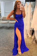 Abiti da sera con paillettes scintillanti, abito formale con spacco alto, abito da sera blu reale Y75