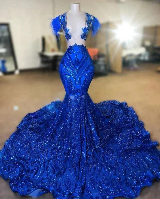 فستان سهرة محتشم بريش أنيق أزرق ملكي لامع على شكل حورية البحر للحفلات Y6657