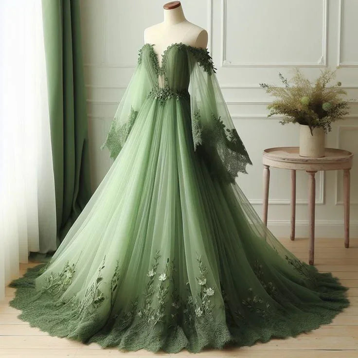 Abito da sera verde lungo con spalle scoperte, applicazioni in pizzo e tulle Y8395