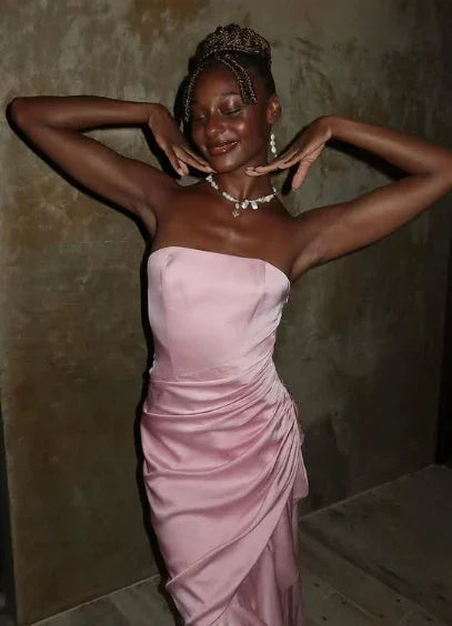 Vestido de Noite Elegante Rosa Sereia Sem Alças Plissado Vestido de Baile Y8126