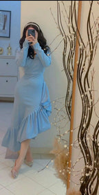 Vestido de Baile Formal Azul Elegante com Decote em V e Cauda de Sereia Y8181