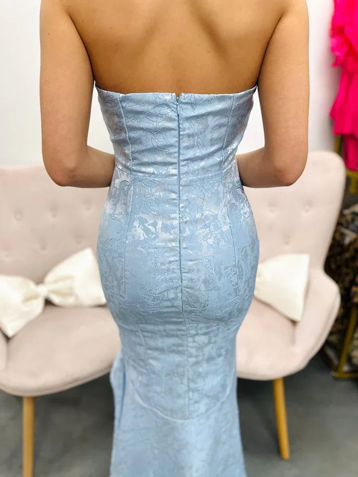 Vestido de noche azul satinado con estampado, estilo sirena, sin tirantes, elegante, modelo Y8234