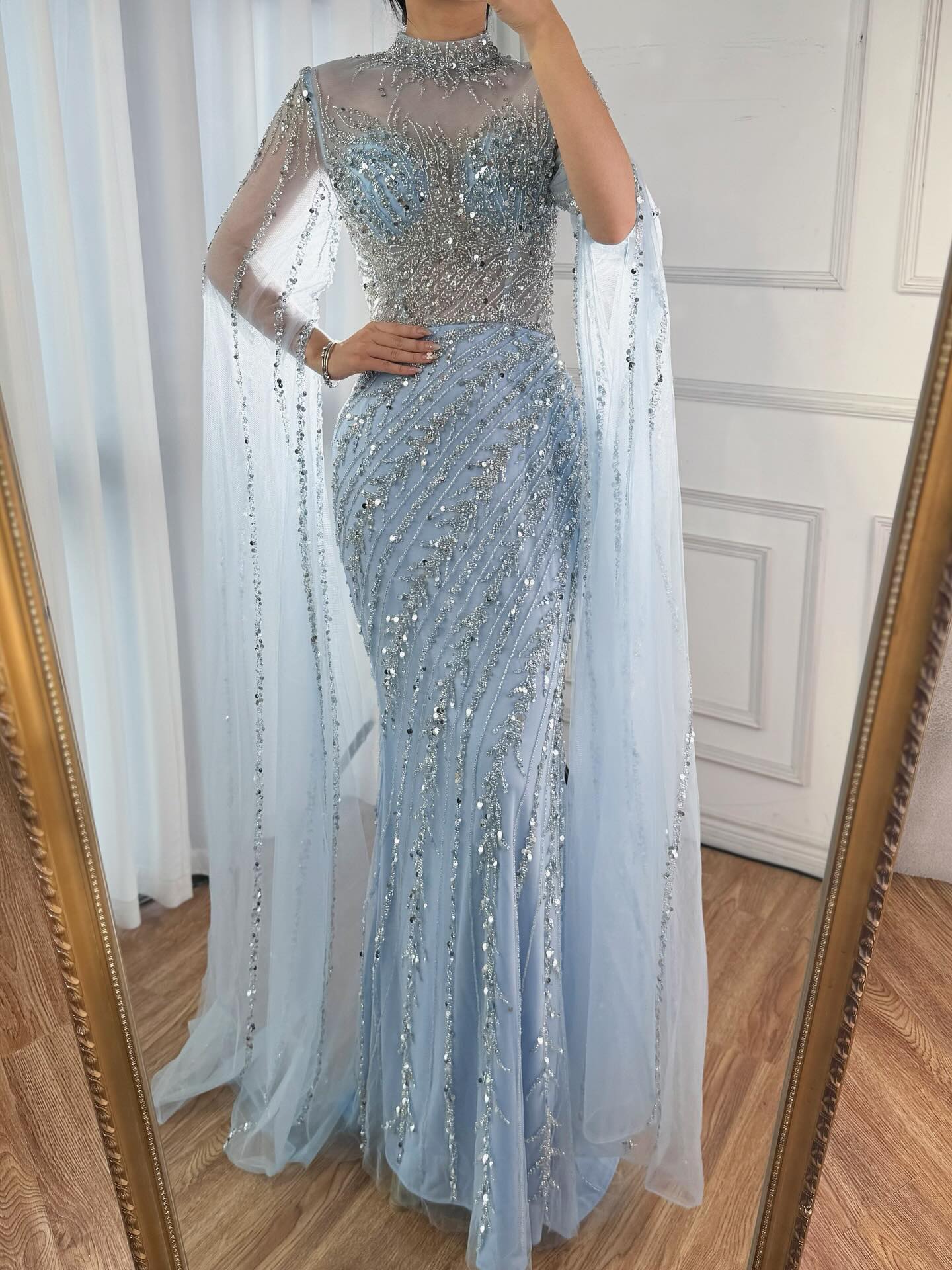 Luxury Nude Mermaid Evening Dress with Cape Sleeves LA71885A