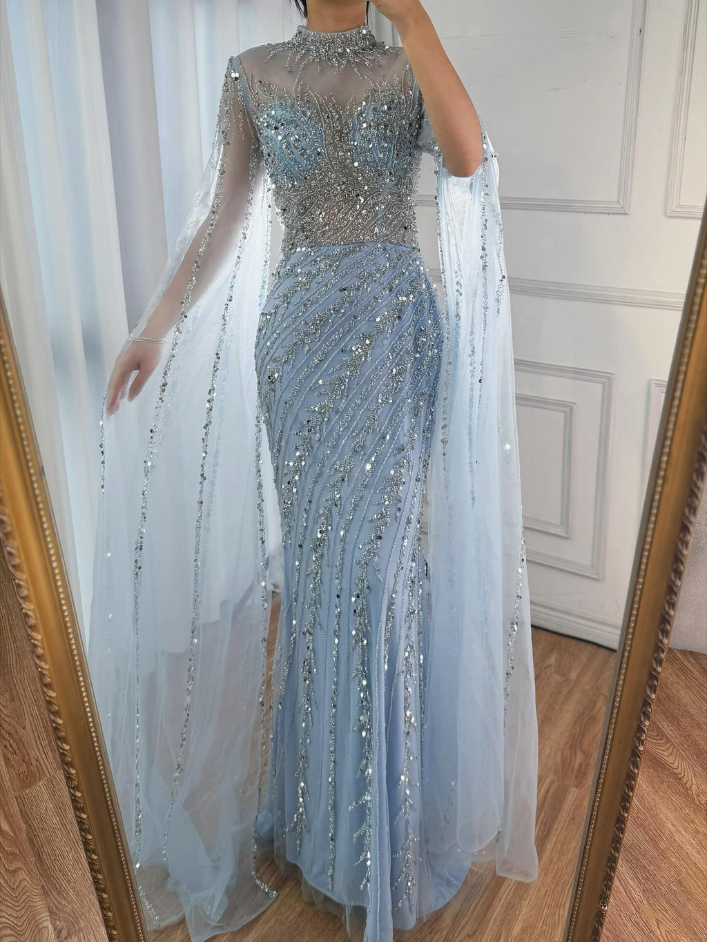 Luxury Nude Mermaid Evening Dress with Cape Sleeves LA71885A