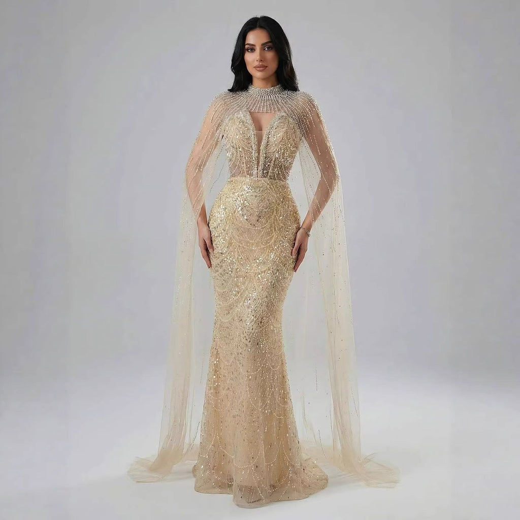 Luxury Evening Dress Nude Pearls Beaded Gown With Tulle Train LA72189A