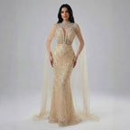 Luxury Evening Dress Nude Pearls Beaded Gown With Tulle Train LA72189A