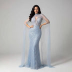 Luxury Evening Dress Nude Pearls Beaded Gown With Tulle Train LA72189A