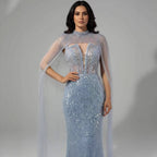 Luxury Evening Dress Nude Pearls Beaded Gown With Tulle Train LA72189A