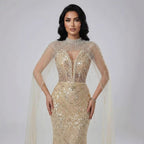 Luxury Evening Dress Nude Pearls Beaded Gown With Tulle Train LA72189A