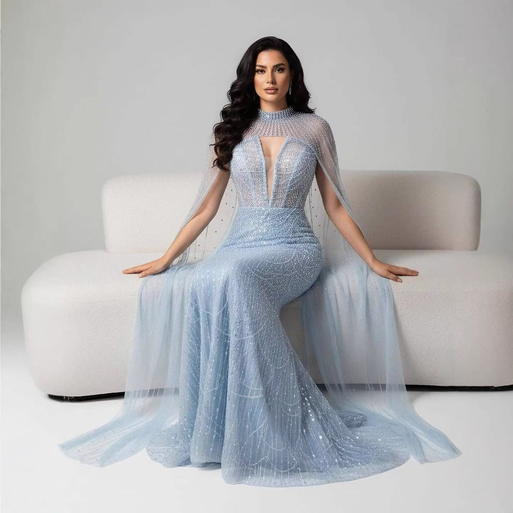 Luxury Evening Dress Nude Pearls Beaded Gown With Tulle Train LA72189A