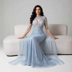 Luxury Evening Dress Nude Pearls Beaded Gown With Tulle Train LA72189A