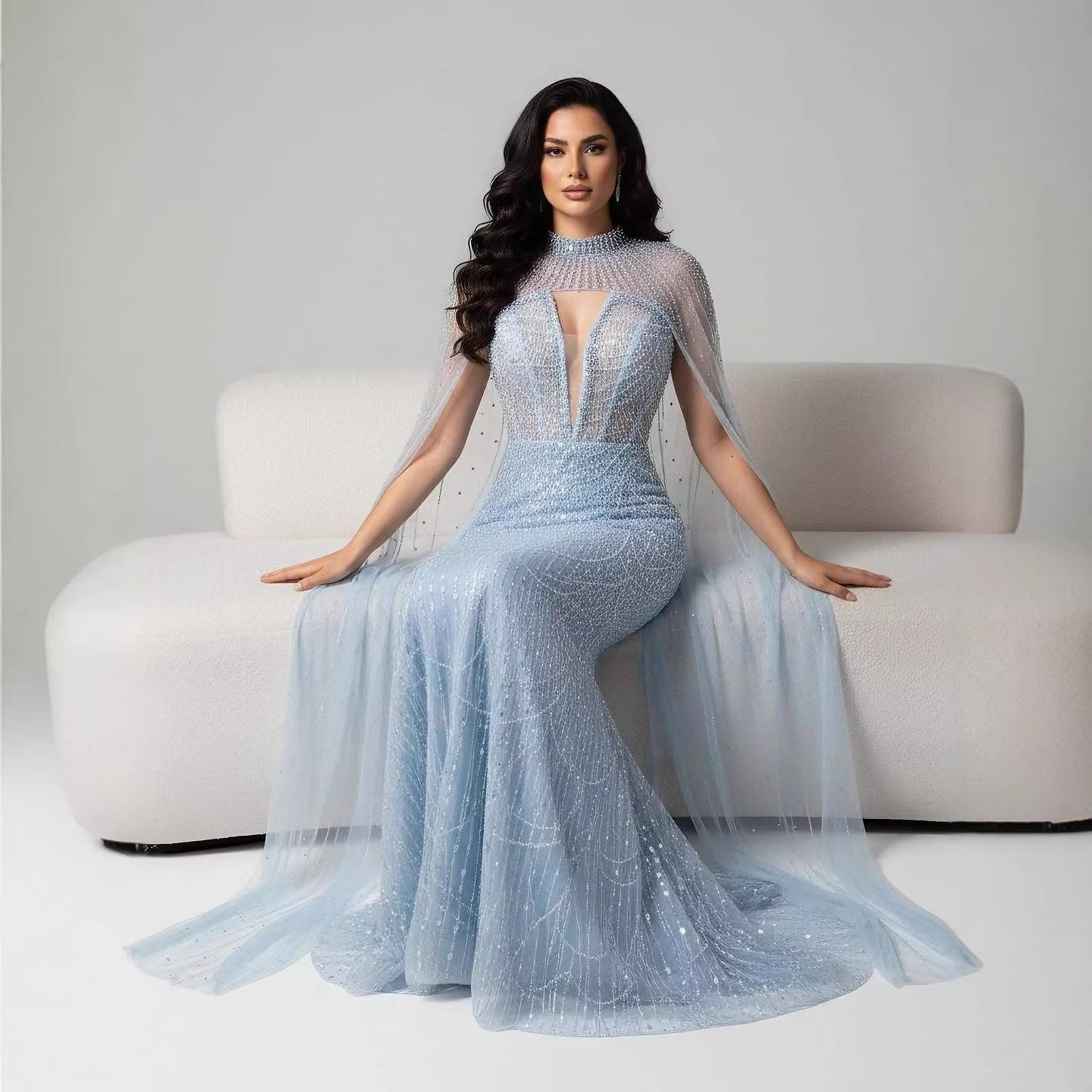 Luxury Evening Dress Nude Pearls Beaded Gown With Tulle Train LA72189A