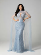 Luxury Evening Dress Nude Pearls Beaded Gown With Tulle Train LA72189A