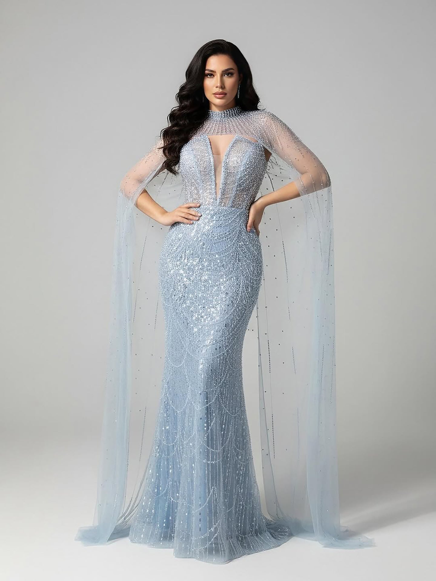 Luxury Evening Dress Nude Pearls Beaded Gown With Tulle Train LA72189A