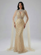 Luxury Evening Dress Nude Pearls Beaded Gown With Tulle Train LA72189A