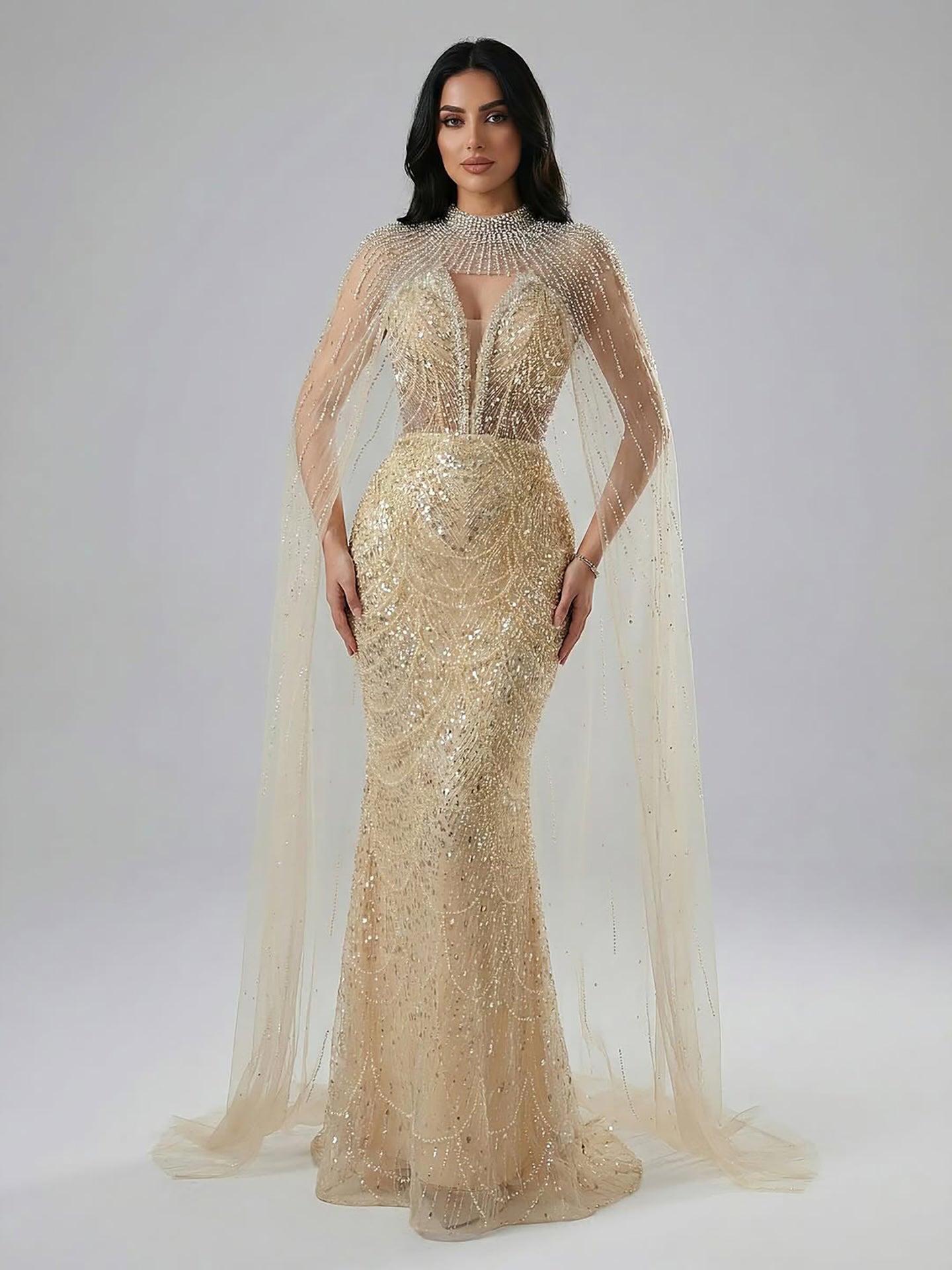 Luxury Evening Dress Nude Pearls Beaded Gown With Tulle Train LA72189A