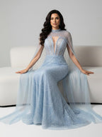 Luxury Evening Dress Nude Pearls Beaded Gown With Tulle Train LA72189A