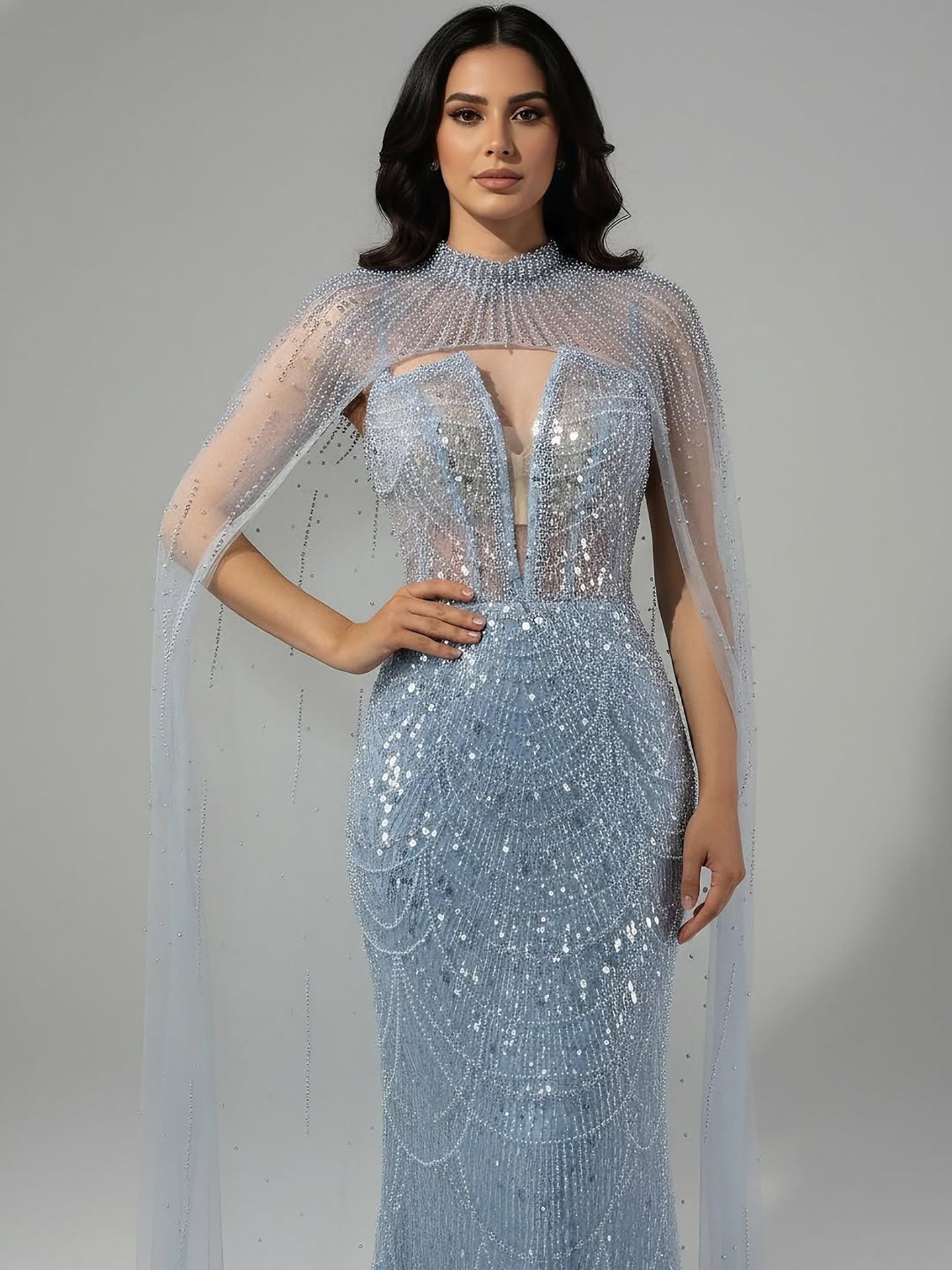 Luxury Evening Dress Nude Pearls Beaded Gown With Tulle Train LA72189A