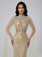 Luxury Evening Dress Nude Pearls Beaded Gown With Tulle Train LA72189A