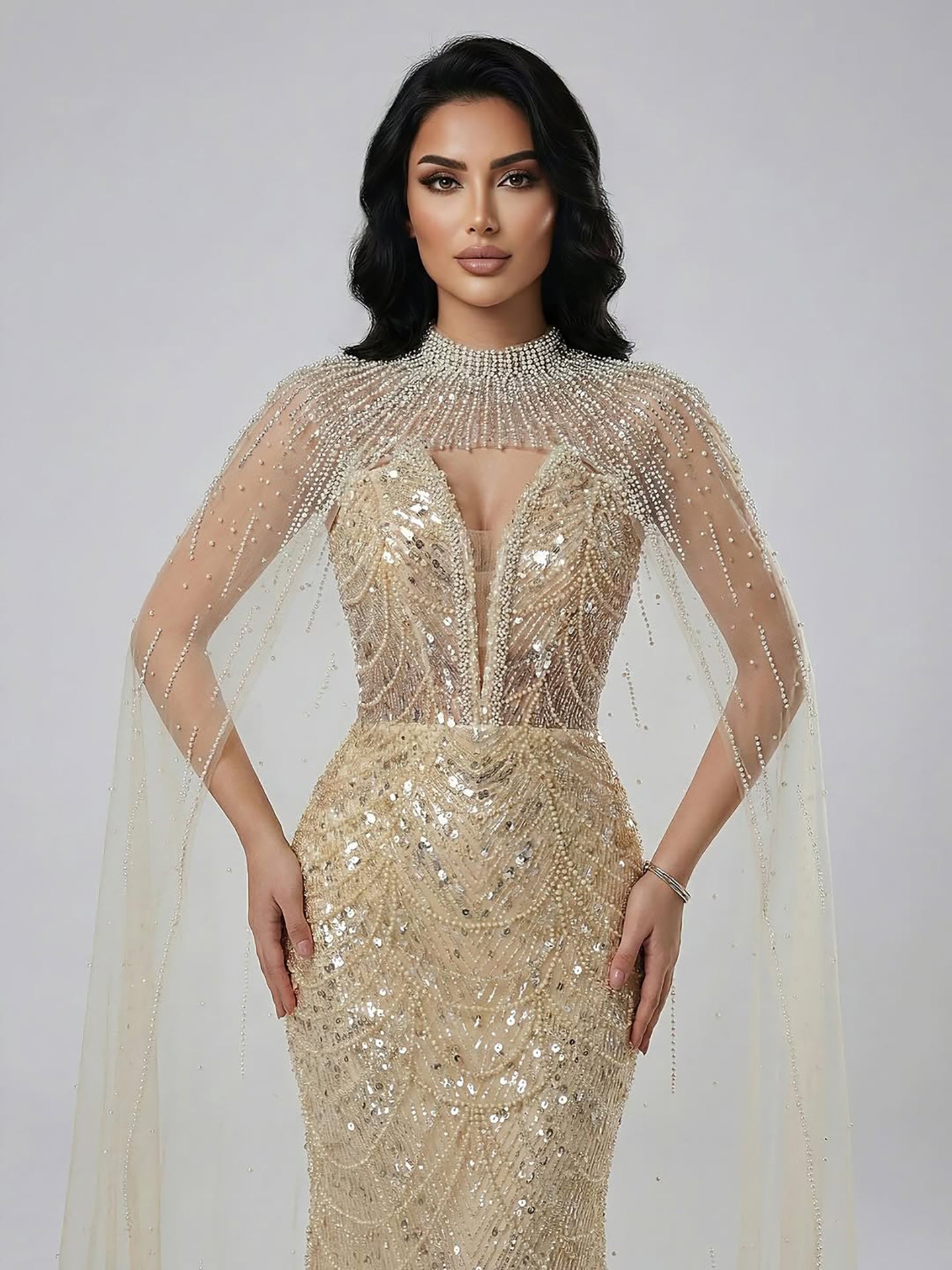 Luxury Evening Dress Nude Pearls Beaded Gown With Tulle Train LA72189A