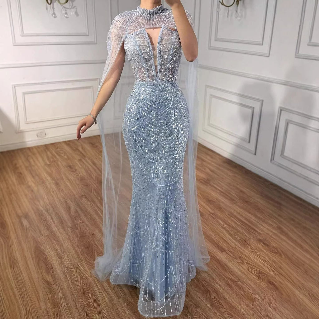 Luxury Evening Dress Nude Pearls Beaded Gown With Tulle Train LA72189A