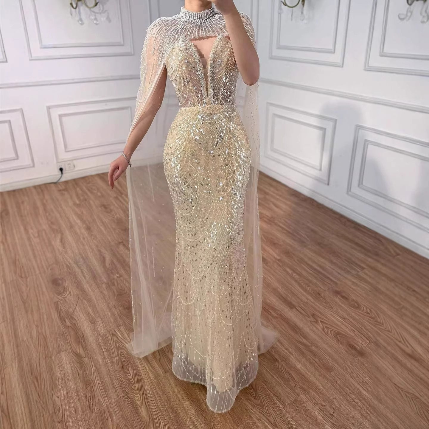 Luxury Evening Dress Nude Pearls Beaded Gown With Tulle Train LA72189A