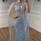 Luxury Evening Dress Nude Pearls Beaded Gown With Tulle Train LA72189A