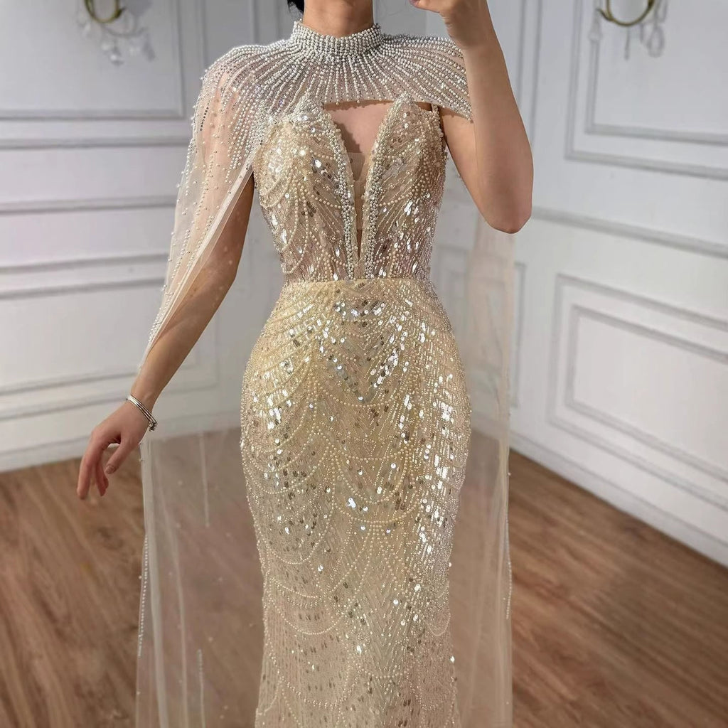 Luxury Evening Dress Nude Pearls Beaded Gown With Tulle Train LA72189A