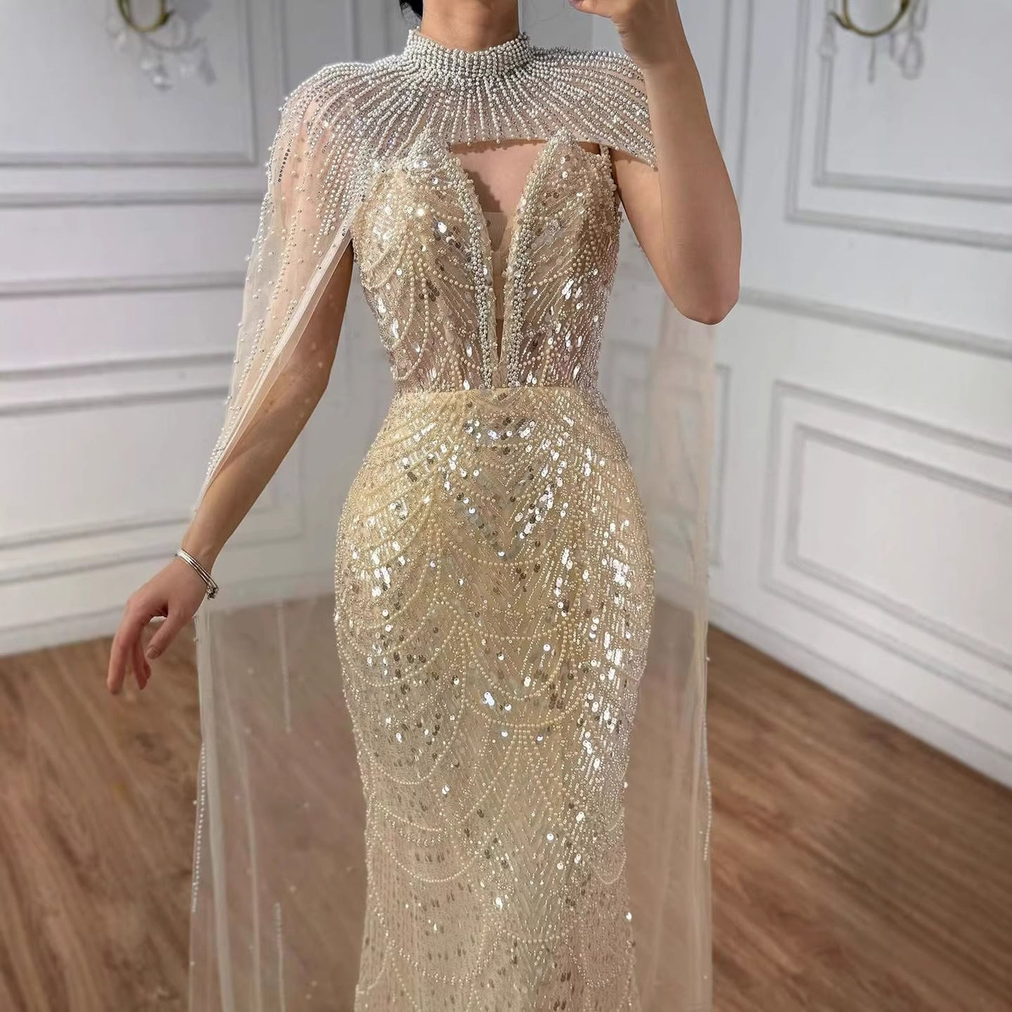 Luxury Evening Dress Nude Pearls Beaded Gown With Tulle Train LA72189A