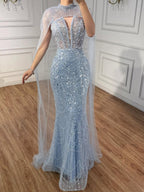 Luxury Evening Dress Nude Pearls Beaded Gown With Tulle Train LA72189A