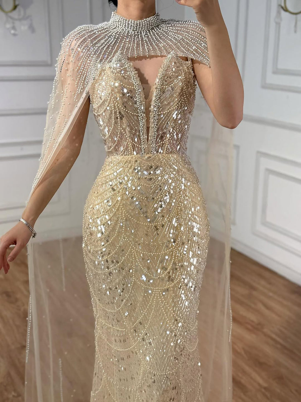 Luxury Evening Dress Nude Pearls Beaded Gown With Tulle Train LA72189A