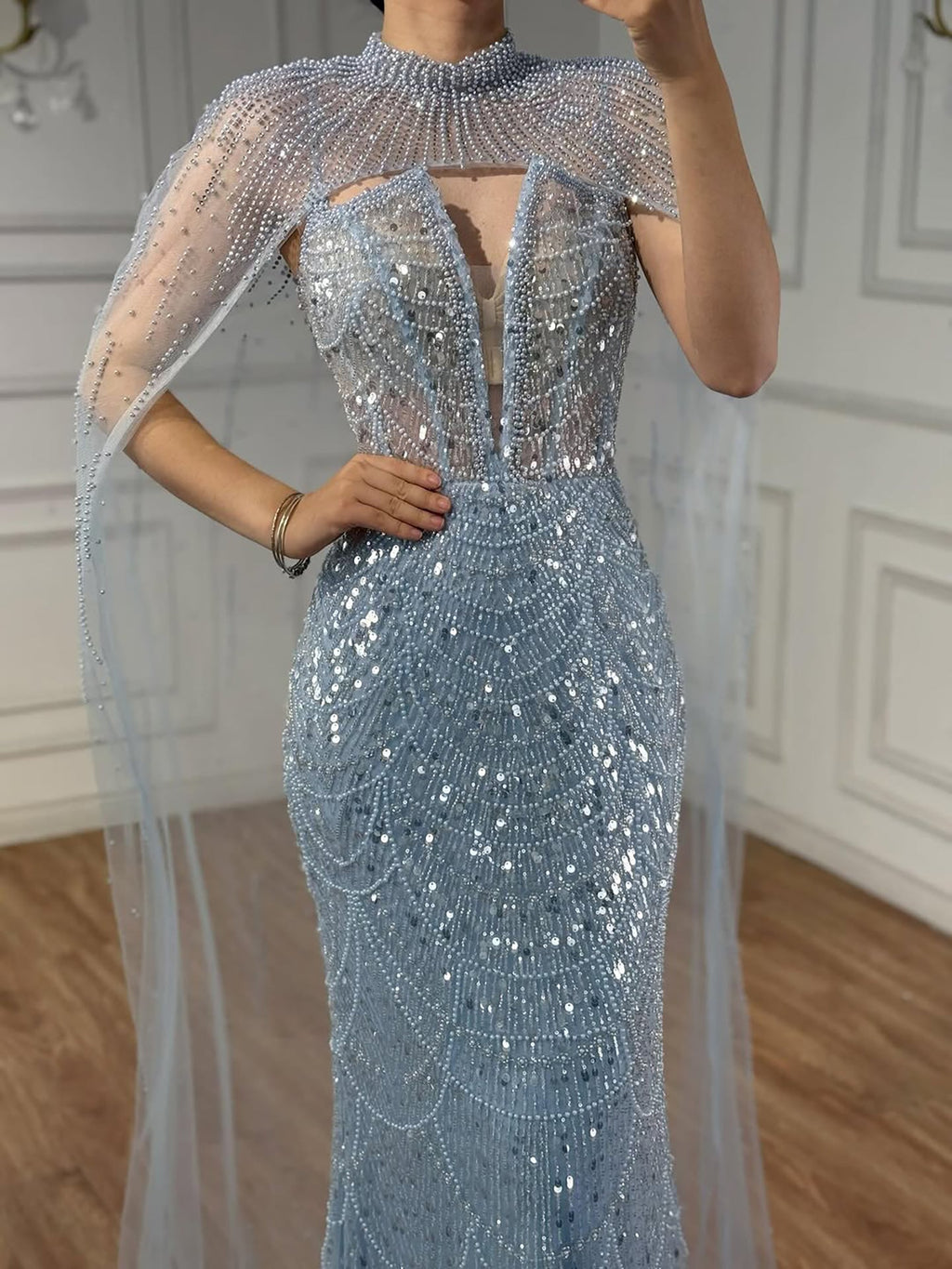 Luxury Evening Dress Nude Pearls Beaded Gown With Tulle Train LA72189A
