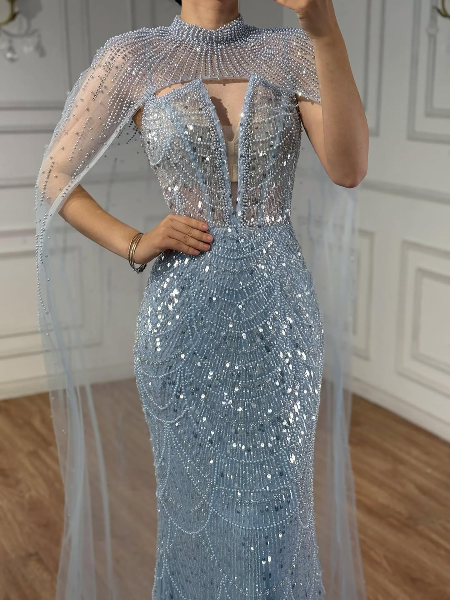 Luxury Evening Dress Nude Pearls Beaded Gown With Tulle Train LA72189A