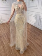 Luxury Evening Dress Nude Pearls Beaded Gown With Tulle Train LA72189A