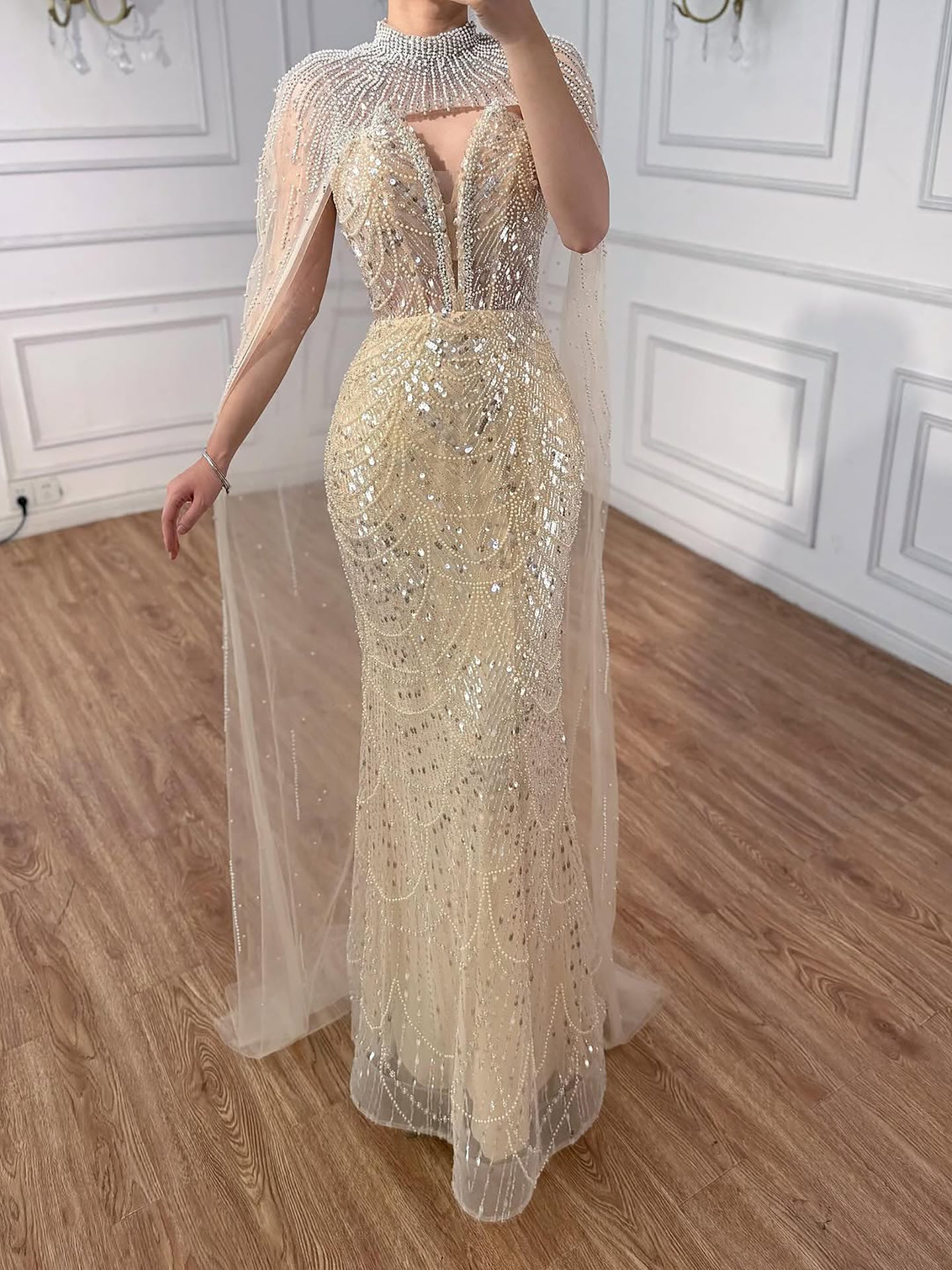 Luxury Evening Dress Nude Pearls Beaded Gown With Tulle Train LA72189A