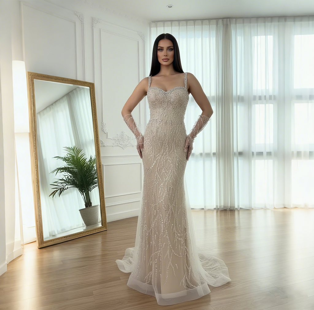 Luxury Lace Pearls Mermaid Evening Dress With Glove White Nude LA72345E