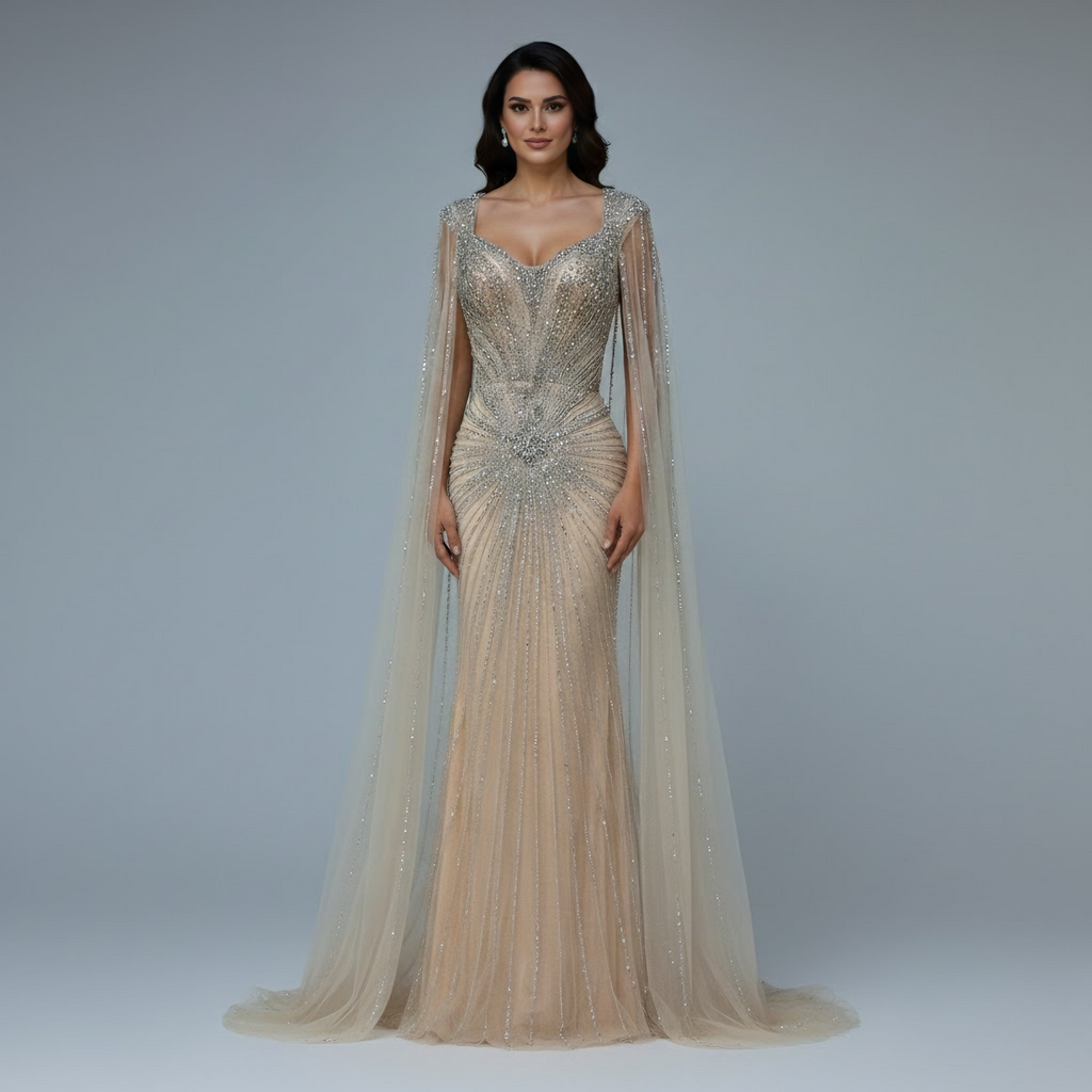 Dubai Luxury Nude Cape Sleeves Beaded Evening Dress LA72575A