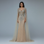 Dubai Luxury Nude Cape Sleeves Beaded Evening Dress LA72575A