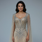Dubai Luxury Nude Cape Sleeves Beaded Evening Dress LA72575A