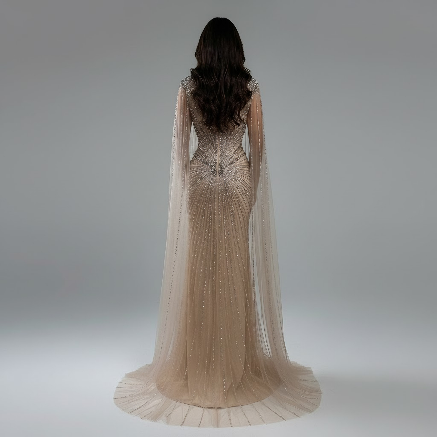 Dubai Luxury Nude Cape Sleeves Beaded Evening Dress LA72575A