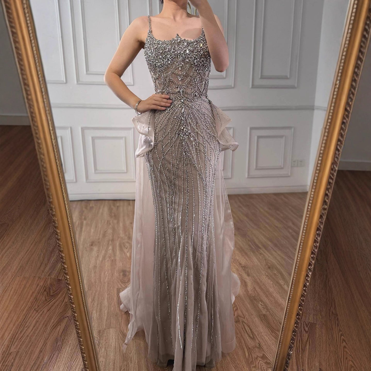 Luxury Caramel Crystal Beaded Spaghetti Strap Mermaid Evening Dress LA72810A